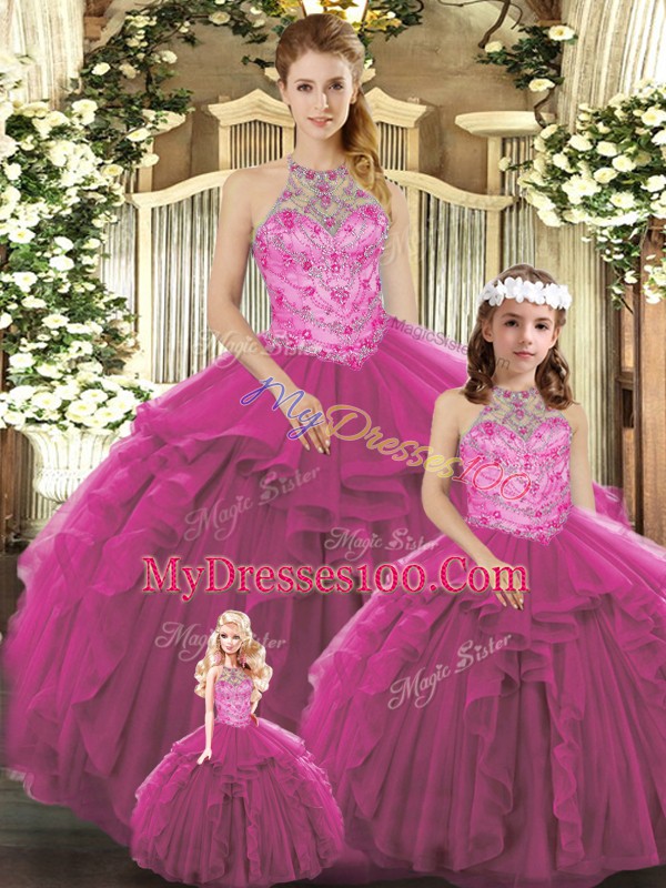 Beading and Ruffles Quinceanera Dresses Fuchsia Lace Up Sleeveless Floor Length