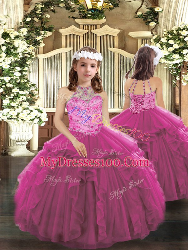 Beading and Ruffles Quinceanera Dresses Fuchsia Lace Up Sleeveless Floor Length