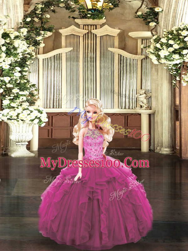 Beading and Ruffles Quinceanera Dresses Fuchsia Lace Up Sleeveless Floor Length