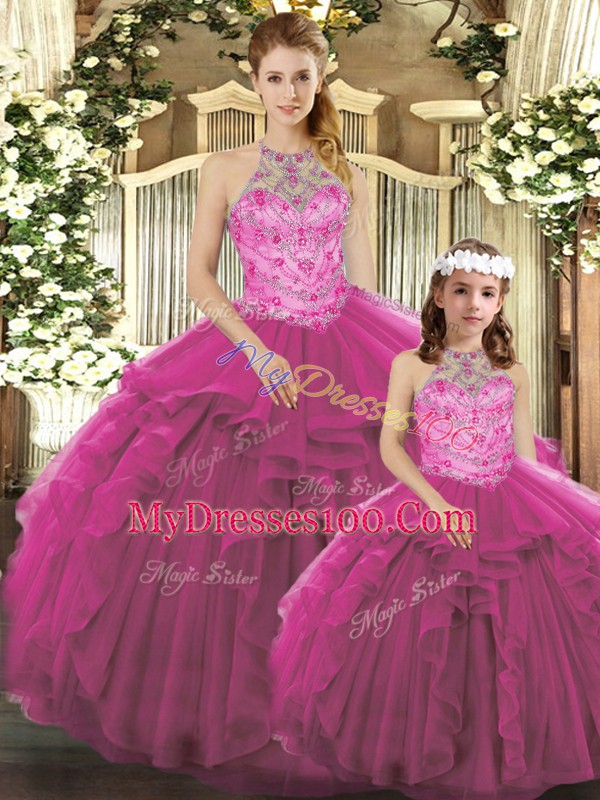 Beading and Ruffles Quinceanera Dresses Fuchsia Lace Up Sleeveless Floor Length