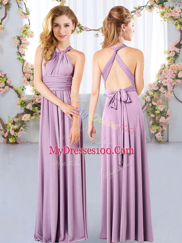 Halter Top Sleeveless Bridesmaid Dress Floor Length Ruching Lavender Chiffon