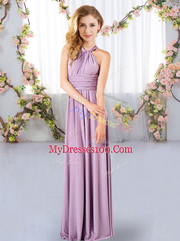 Halter Top Sleeveless Bridesmaid Dress Floor Length Ruching Lavender Chiffon