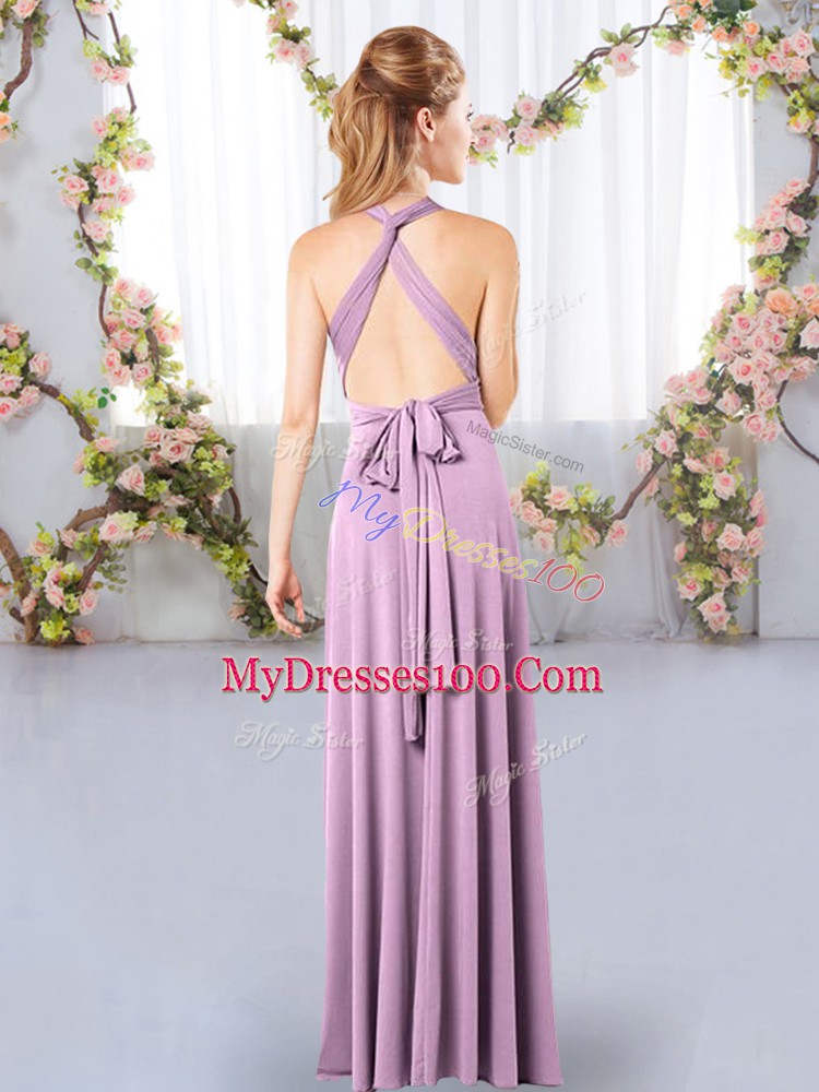 Halter Top Sleeveless Bridesmaid Dress Floor Length Ruching Lavender Chiffon
