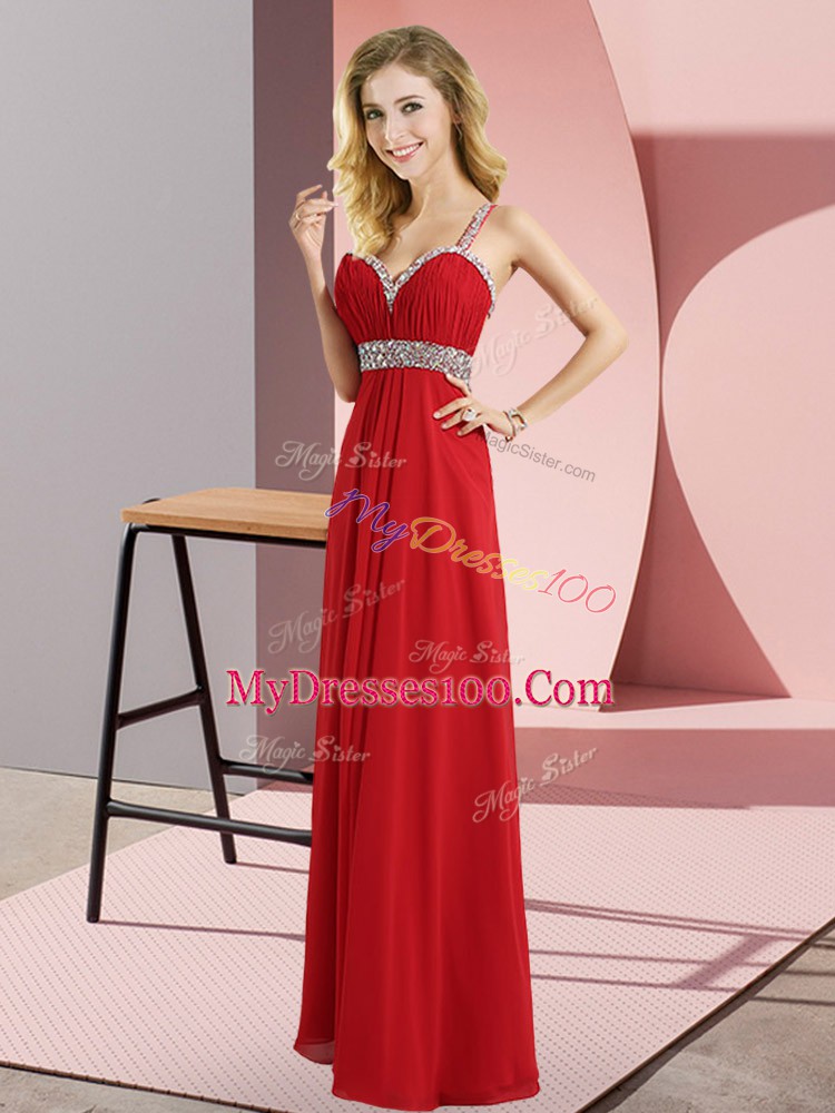 Red Empire Straps Sleeveless Chiffon Floor Length Criss Cross Beading Prom Dresses