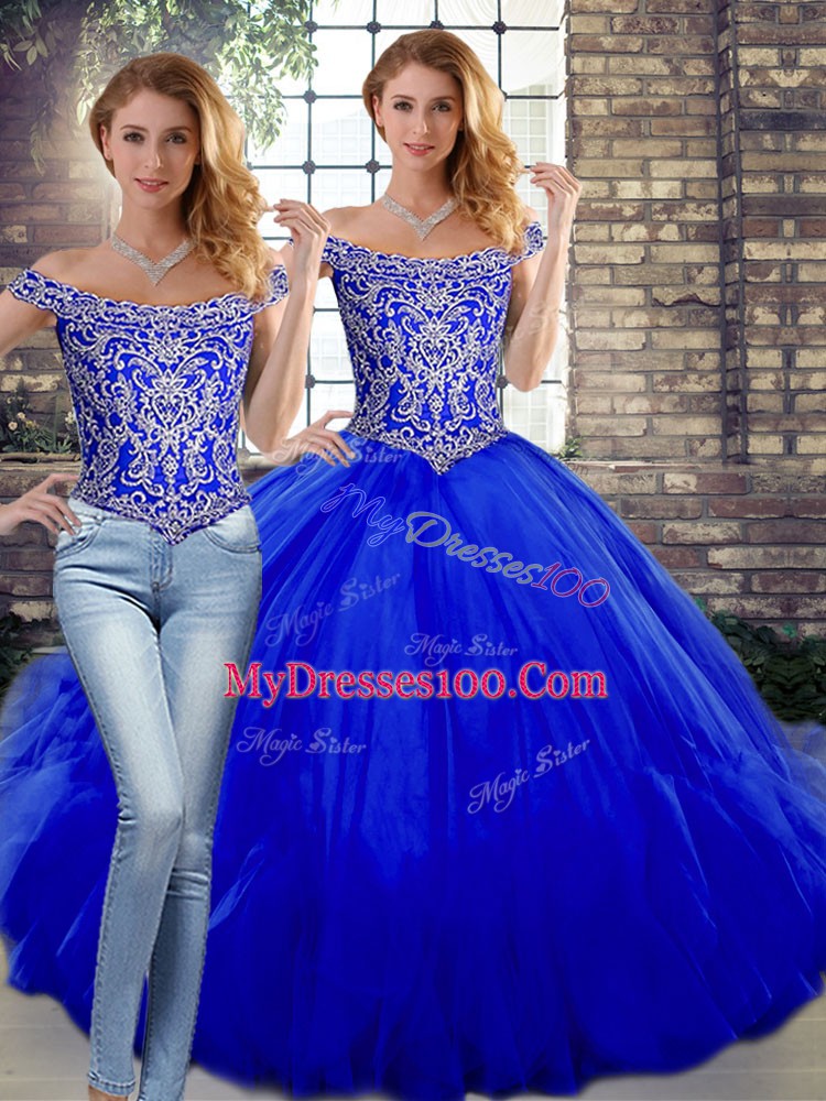Hot Sale Royal Blue Sleeveless Beading and Ruffles Floor Length 15th Birthday Dress