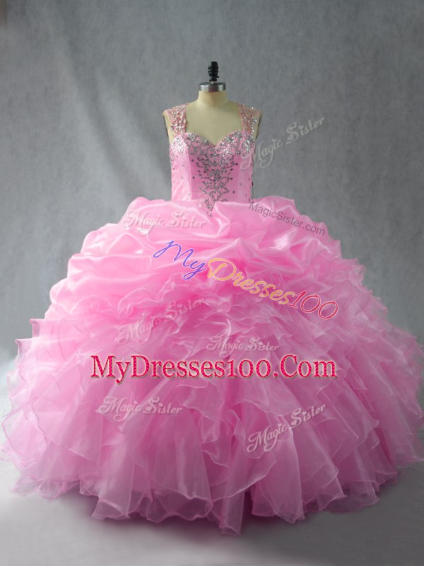 Flirting Baby Pink Zipper Straps Beading and Ruffles and Pick Ups Sweet 16 Quinceanera Dress Organza Sleeveless