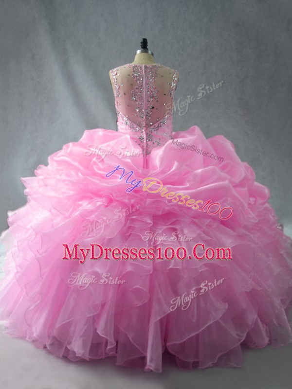 Flirting Baby Pink Zipper Straps Beading and Ruffles and Pick Ups Sweet 16 Quinceanera Dress Organza Sleeveless