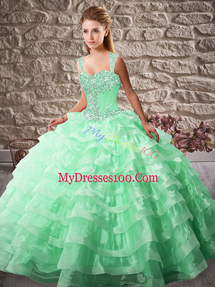 Hot Sale Apple Green Ball Gown Prom Dress Organza Court Train Sleeveless Beading and Ruffled Layers