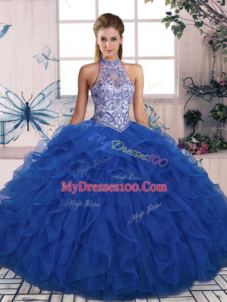 Stylish Floor Length Lace Up 15th Birthday Dress Blue for Military Ball and Sweet 16 and Quinceanera with Beading and Ruffles