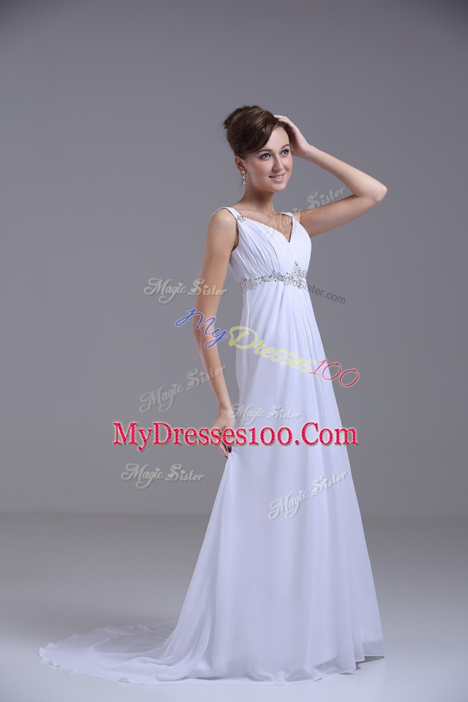 New Arrival White Empire Beading Wedding Gown Lace Up Chiffon Sleeveless