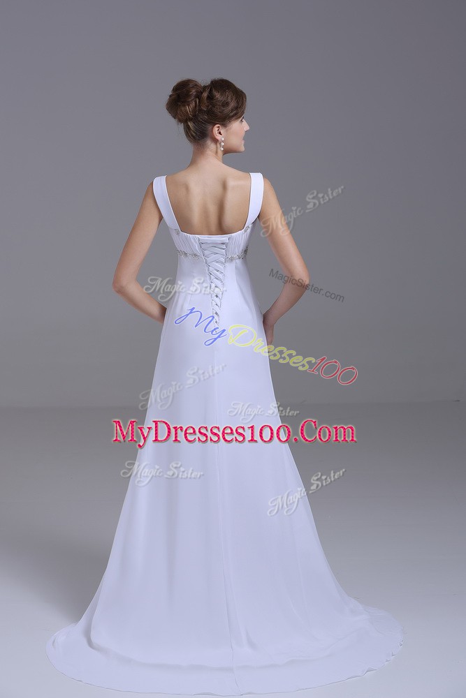 New Arrival White Empire Beading Wedding Gown Lace Up Chiffon Sleeveless