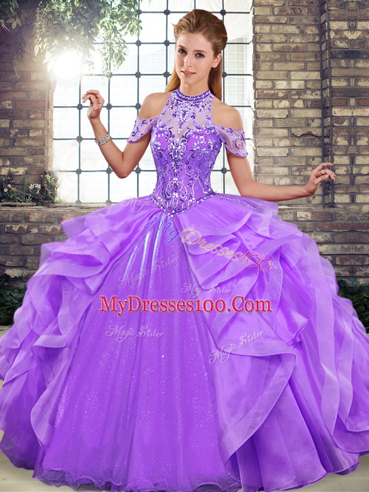 High Quality Lavender Ball Gowns Organza Halter Top Sleeveless Beading and Ruffles Floor Length Lace Up Sweet 16 Dresses