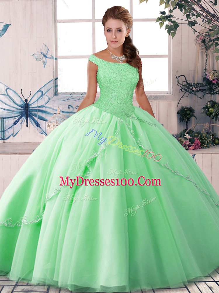 Luxury Lace Up Ball Gown Prom Dress Apple Green for Military Ball and Sweet 16 and Quinceanera with Beading Brush Train