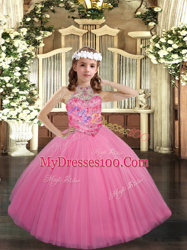 Great Rose Pink Lace Up Little Girl Pageant Gowns Beading Sleeveless Floor Length