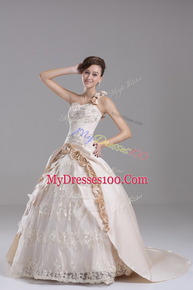 Fancy Sleeveless Satin Brush Train Lace Up Sweet 16 Quinceanera Dress in Champagne with Embroidery and Hand Made Flower