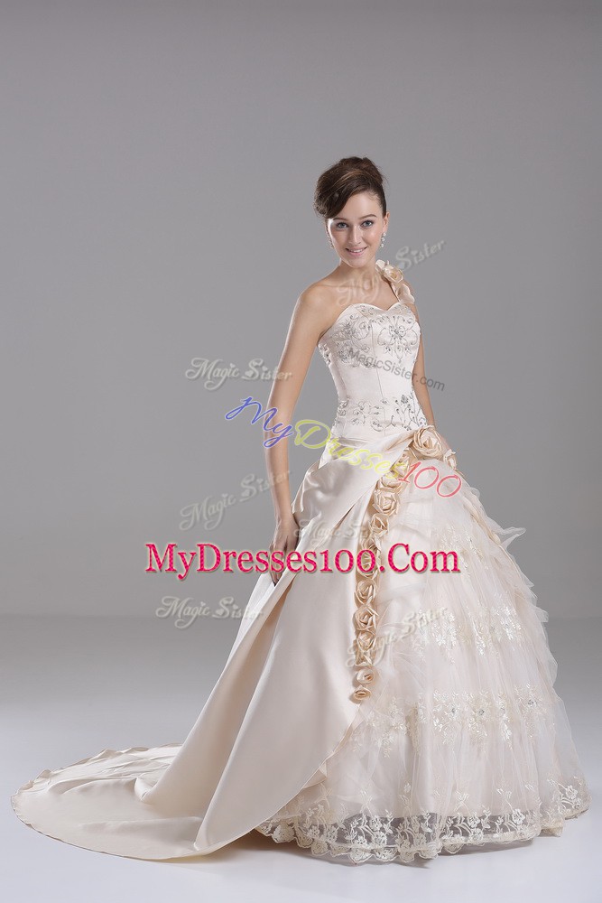 Fancy Sleeveless Satin Brush Train Lace Up Sweet 16 Quinceanera Dress in Champagne with Embroidery and Hand Made Flower