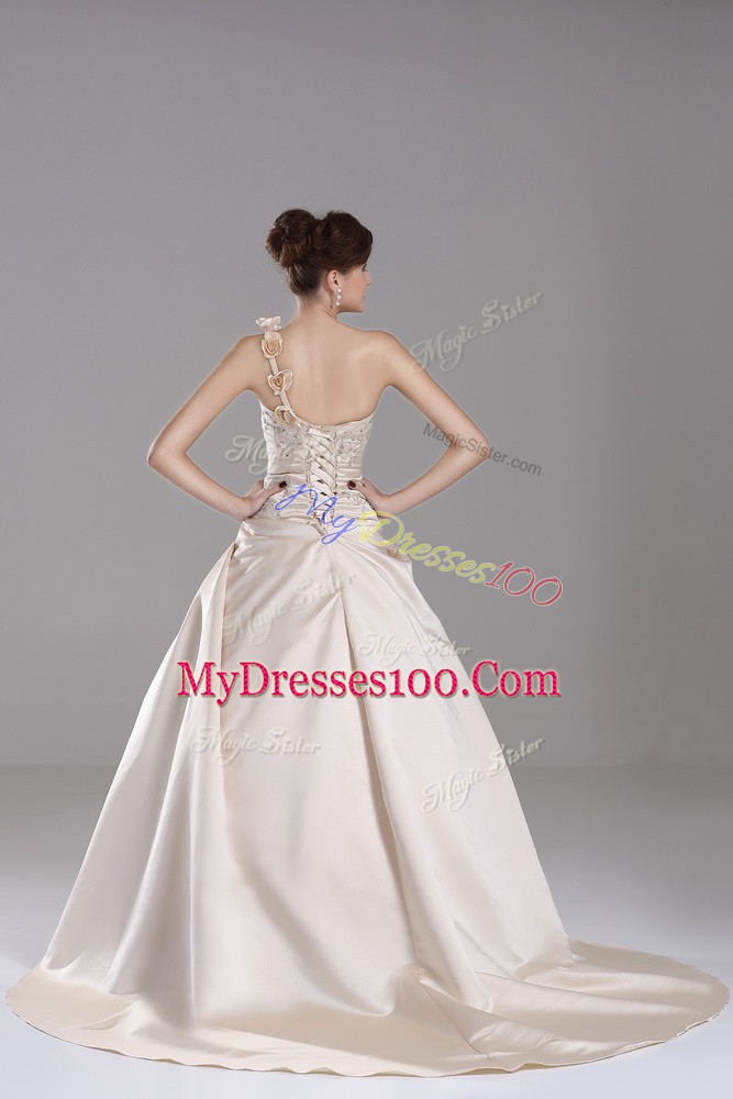 Fancy Sleeveless Satin Brush Train Lace Up Sweet 16 Quinceanera Dress in Champagne with Embroidery and Hand Made Flower