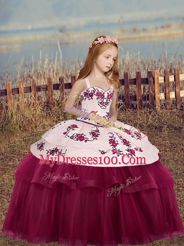 New Arrival Fuchsia Ball Gowns Straps Sleeveless Tulle Floor Length Side Zipper Embroidery Little Girls Pageant Gowns
