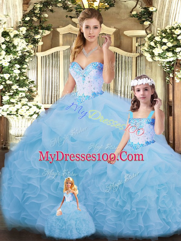 Blue Sweetheart Neckline Beading and Ruffles Sweet 16 Dress Sleeveless Lace Up
