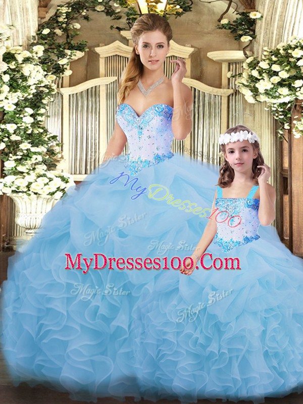Blue Sweetheart Neckline Beading and Ruffles Sweet 16 Dress Sleeveless Lace Up
