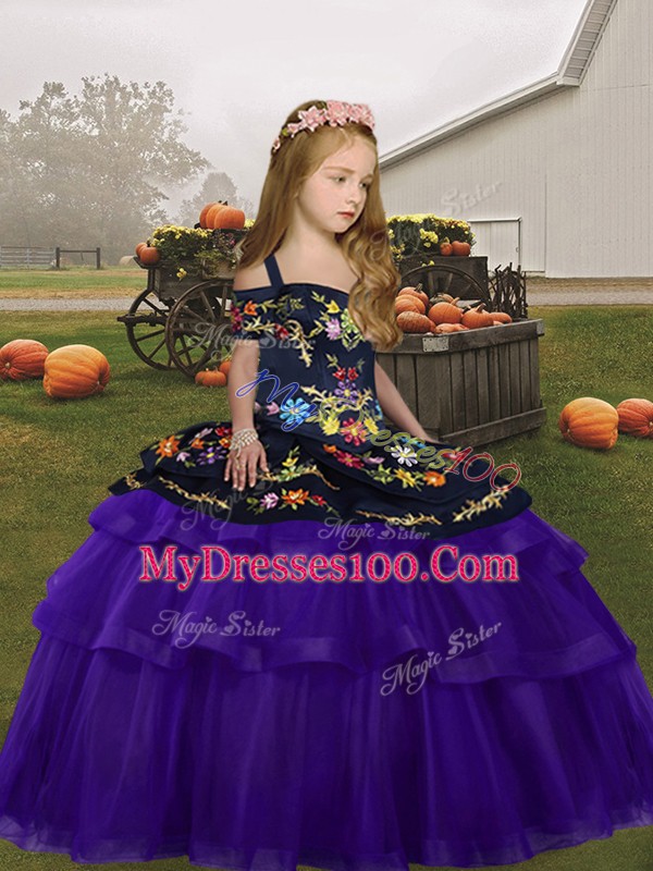 Perfect Purple Lace Up Pageant Gowns For Girls Embroidery and Ruffles Sleeveless Floor Length