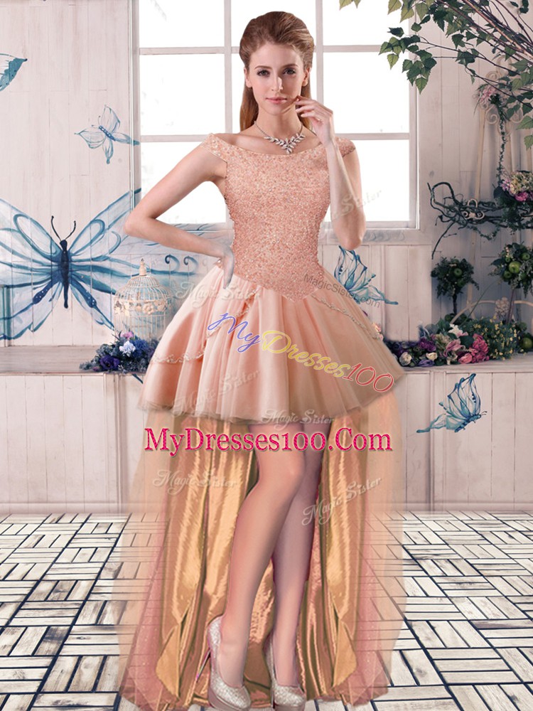Fitting Off The Shoulder Sleeveless Lace Up Evening Dress Peach Tulle