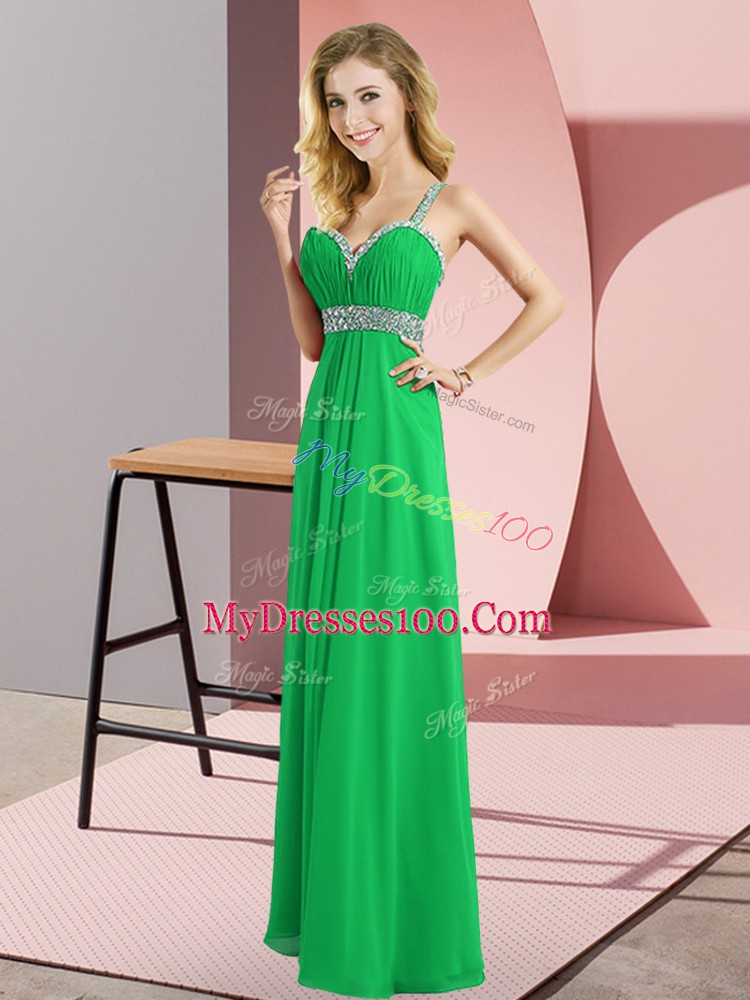 Flirting Floor Length Criss Cross Dress for Prom Green for Prom and Party with Beading