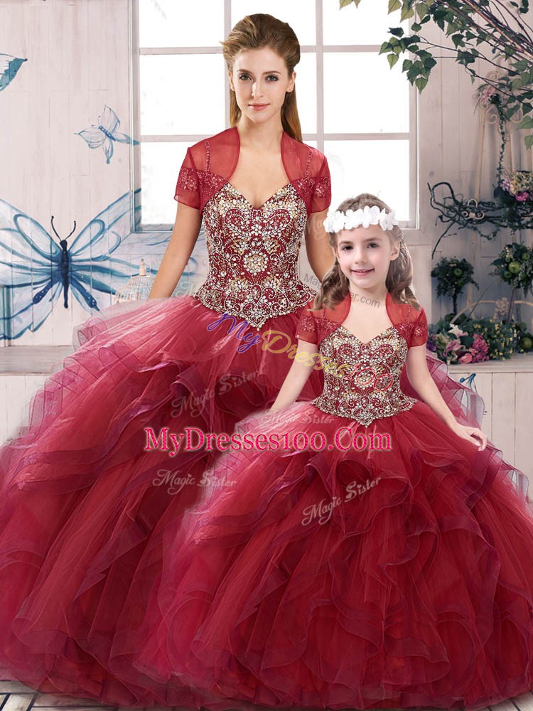 Fashion Floor Length Lace Up Vestidos de Quinceanera Burgundy for Military Ball and Sweet 16 and Quinceanera with Beading and Ruffles