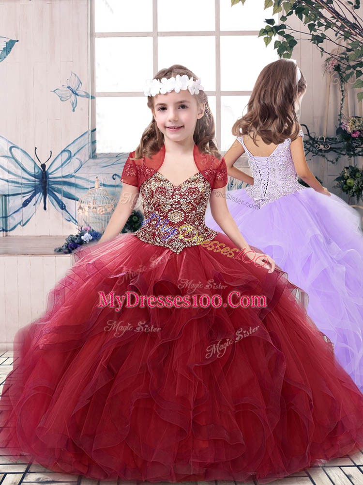 Fashion Floor Length Lace Up Vestidos de Quinceanera Burgundy for Military Ball and Sweet 16 and Quinceanera with Beading and Ruffles