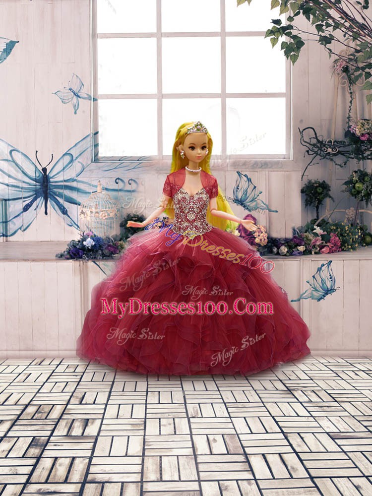 Fashion Floor Length Lace Up Vestidos de Quinceanera Burgundy for Military Ball and Sweet 16 and Quinceanera with Beading and Ruffles