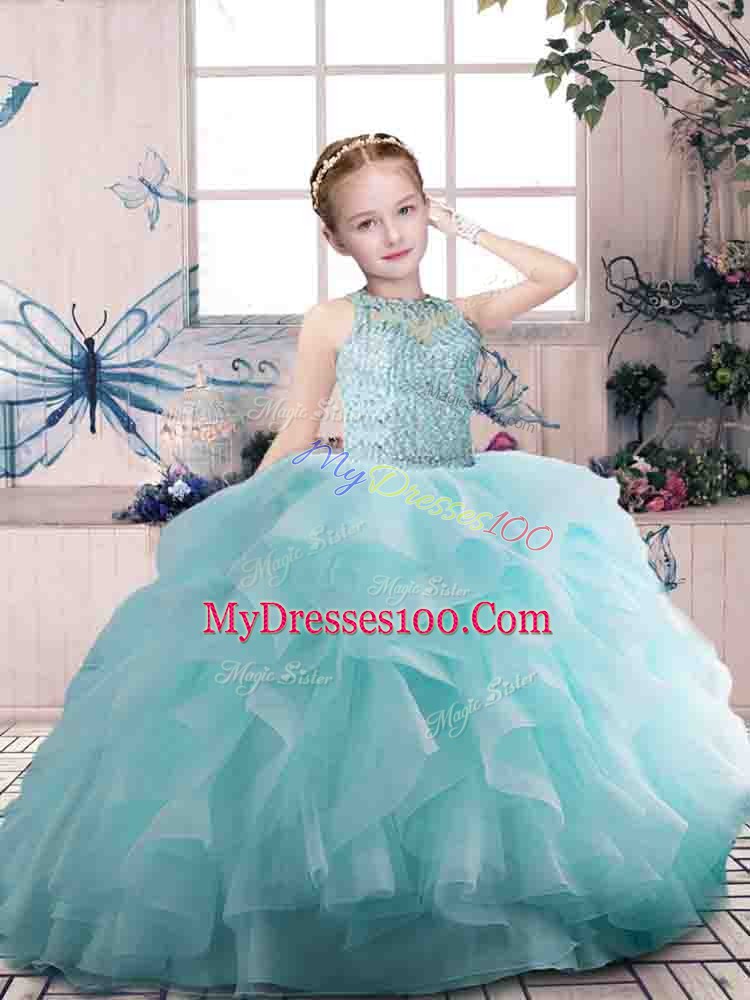 Stunning Aqua Blue Zipper Scoop Beading and Ruffles Little Girls Pageant Gowns Organza Sleeveless