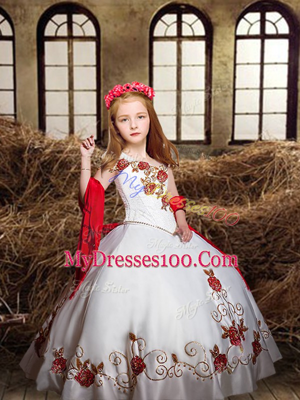 White And Red Satin Lace Up One Shoulder Sleeveless Floor Length Vestidos de Quinceanera Beading and Embroidery