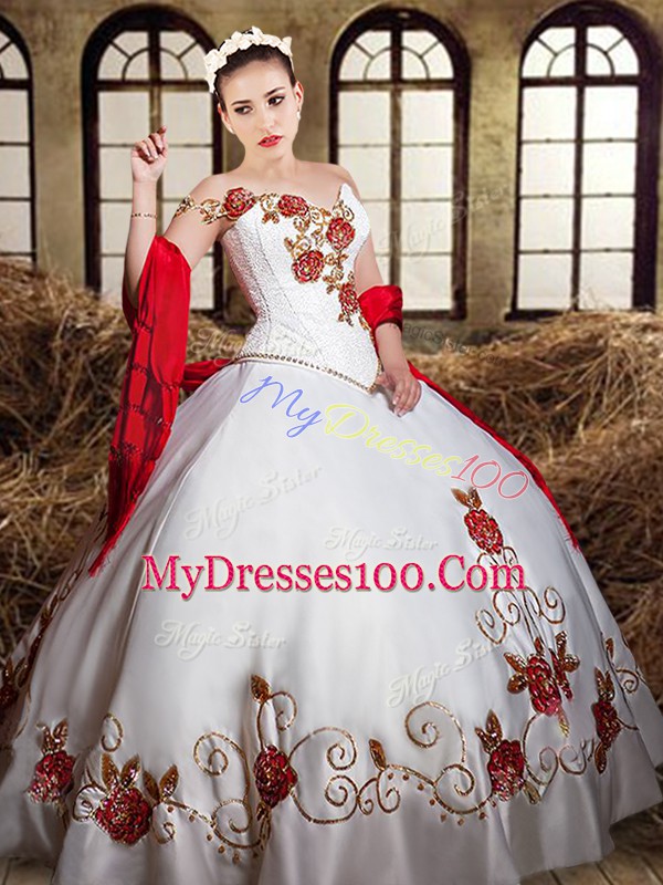 White And Red Satin Lace Up One Shoulder Sleeveless Floor Length Vestidos de Quinceanera Beading and Embroidery