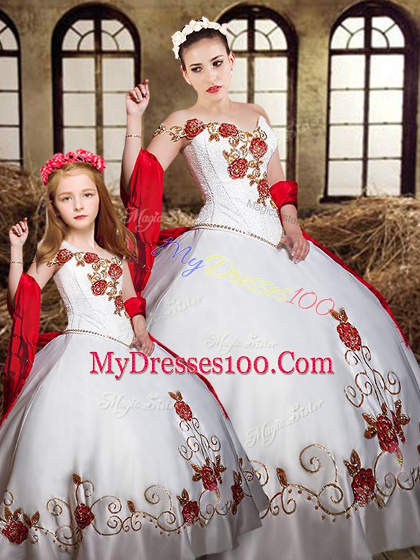 White And Red Satin Lace Up One Shoulder Sleeveless Floor Length Vestidos de Quinceanera Beading and Embroidery