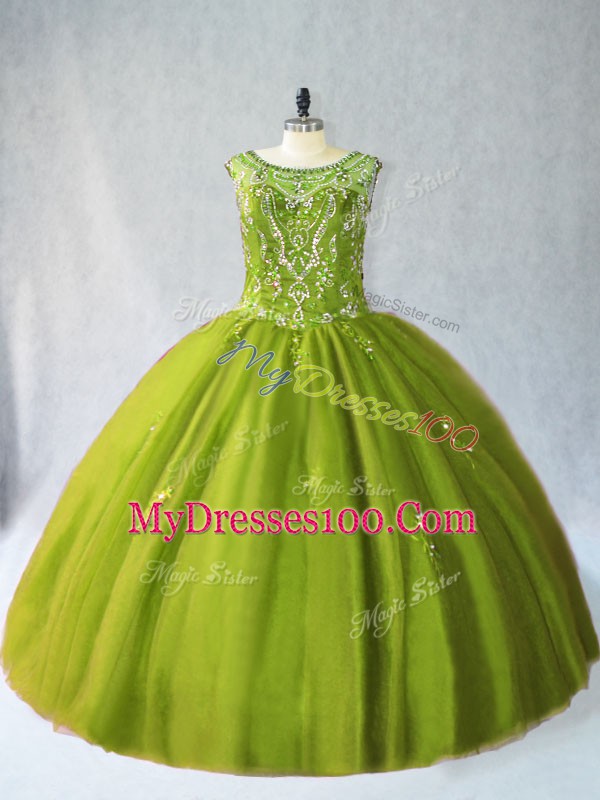 Olive Green Scoop Neckline Beading Sweet 16 Dress Sleeveless Lace Up
