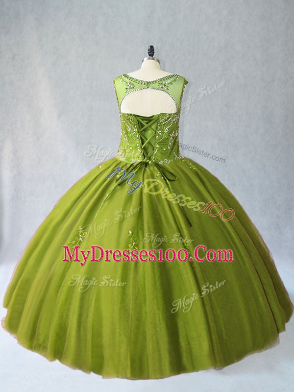 Olive Green Scoop Neckline Beading Sweet 16 Dress Sleeveless Lace Up