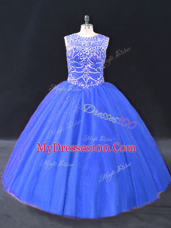 Custom Made Blue Ball Gowns Scoop Sleeveless Tulle Floor Length Lace Up Beading Sweet 16 Dress
