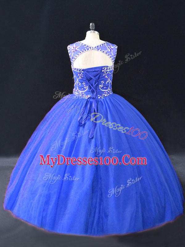 Custom Made Blue Ball Gowns Scoop Sleeveless Tulle Floor Length Lace Up Beading Sweet 16 Dress