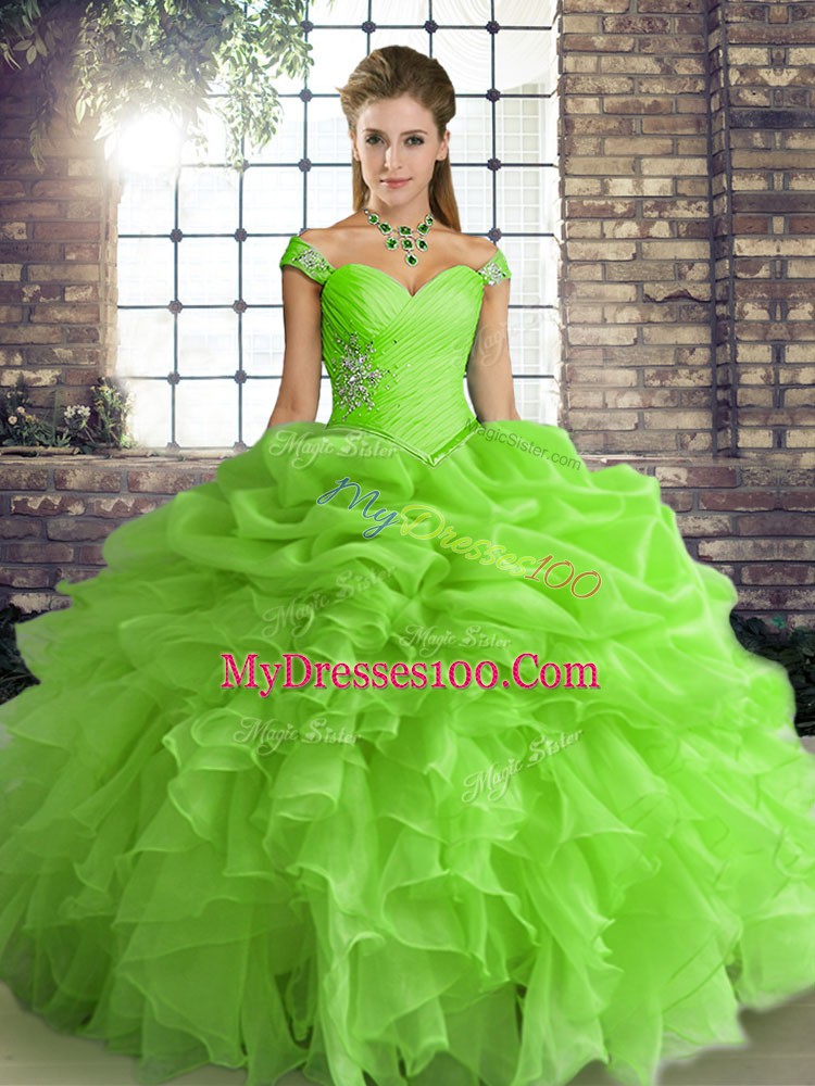 Off The Shoulder Sleeveless Quince Ball Gowns Floor Length Beading and Ruffles and Pick Ups Organza