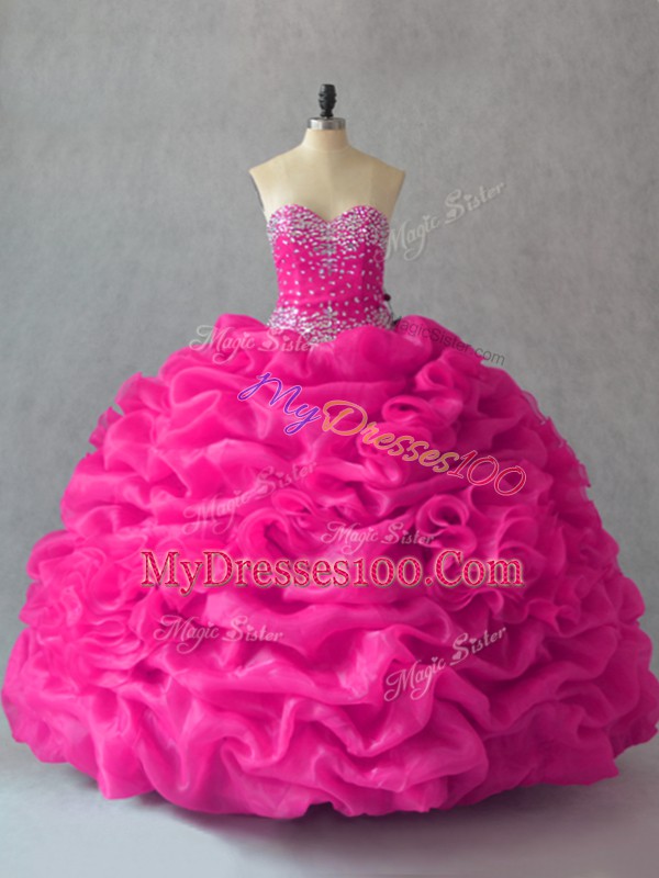 Enchanting Fuchsia Sleeveless Beading and Pick Ups and Hand Made Flower Floor Length Quinceanera Gown