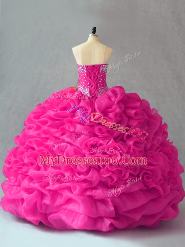 Enchanting Fuchsia Sleeveless Beading and Pick Ups and Hand Made Flower Floor Length Quinceanera Gown