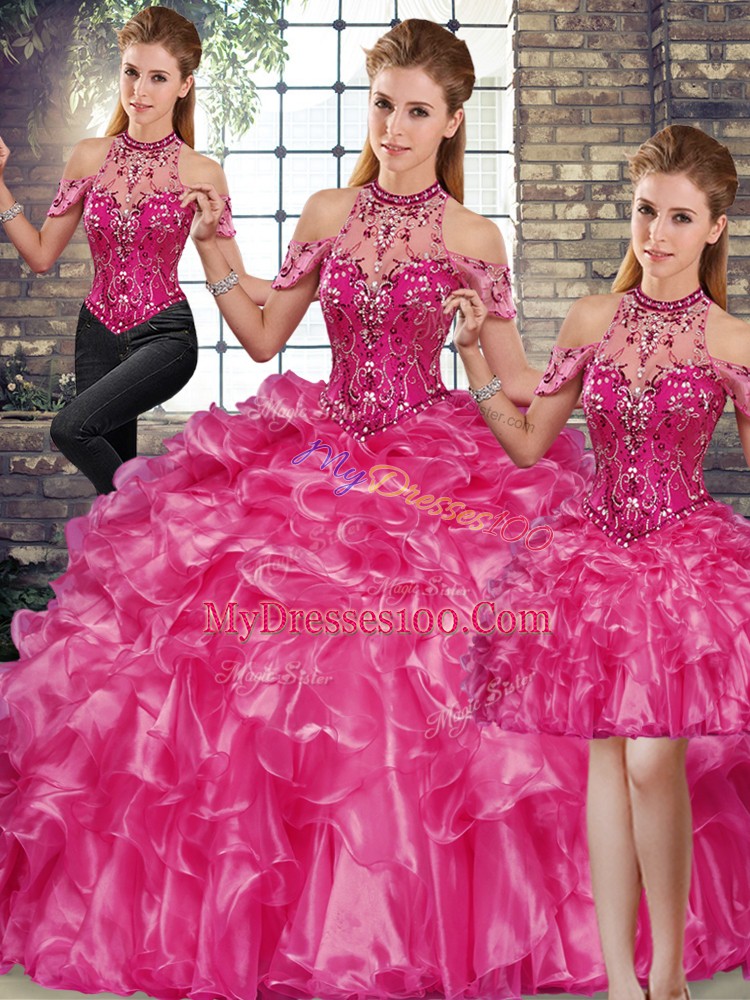 Delicate Fuchsia Organza Lace Up Halter Top Sleeveless Floor Length Sweet 16 Quinceanera Dress Beading and Ruffles
