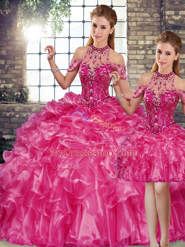 Delicate Fuchsia Organza Lace Up Halter Top Sleeveless Floor Length Sweet 16 Quinceanera Dress Beading and Ruffles