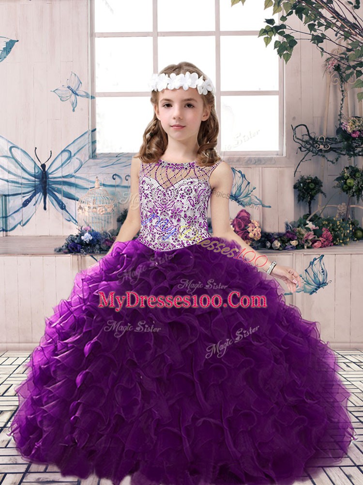 Low Price Floor Length Purple Pageant Dress for Teens Scoop Sleeveless Lace Up