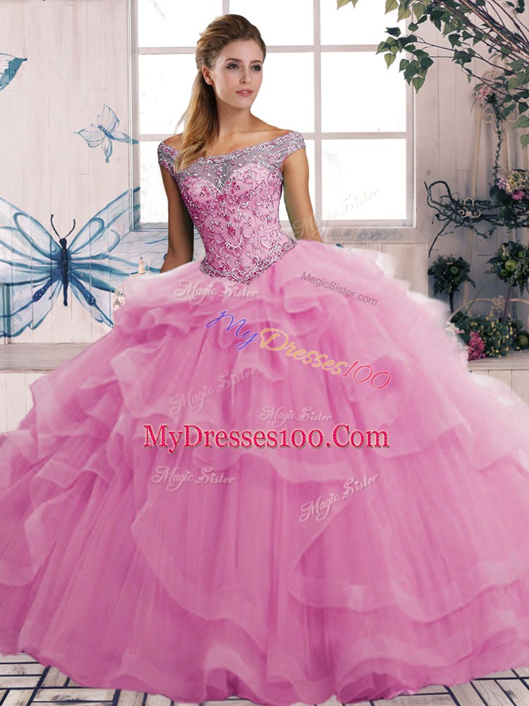 Rose Pink Off The Shoulder Neckline Beading and Ruffles Quince Ball Gowns Sleeveless Lace Up