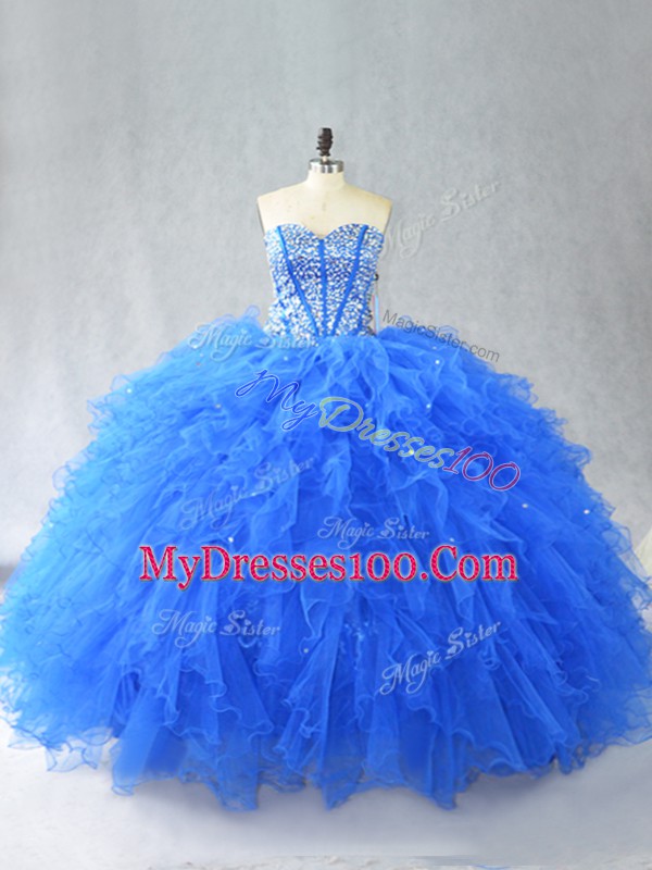 Unique Blue Ball Gowns Beading and Ruffles Sweet 16 Dress Lace Up Tulle Sleeveless Floor Length