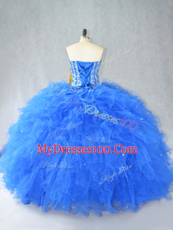 Unique Blue Ball Gowns Beading and Ruffles Sweet 16 Dress Lace Up Tulle Sleeveless Floor Length