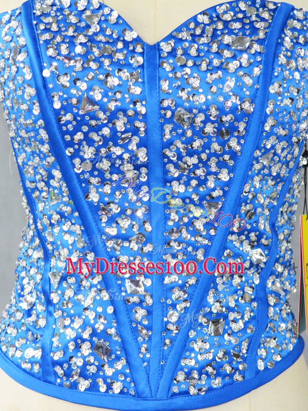 Unique Blue Ball Gowns Beading and Ruffles Sweet 16 Dress Lace Up Tulle Sleeveless Floor Length