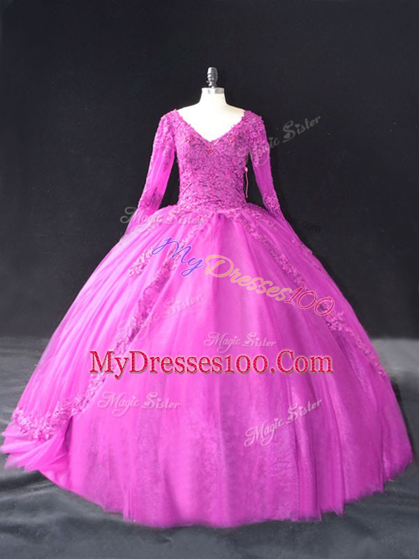 Super Fuchsia Lace Up V-neck Lace and Appliques Quinceanera Dresses Tulle Long Sleeves