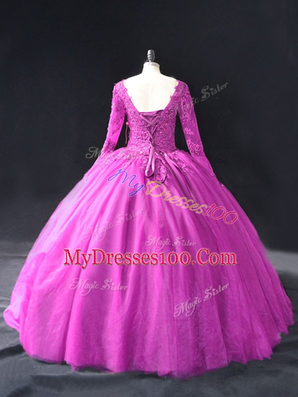 Super Fuchsia Lace Up V-neck Lace and Appliques Quinceanera Dresses Tulle Long Sleeves
